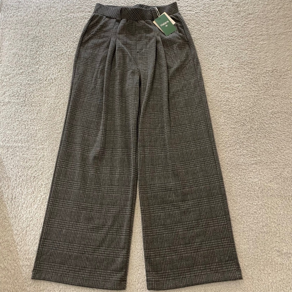 NWT Halara Pleated Glen Plaid Trouser Womens Small Gray Wide Leg Pull On Pant